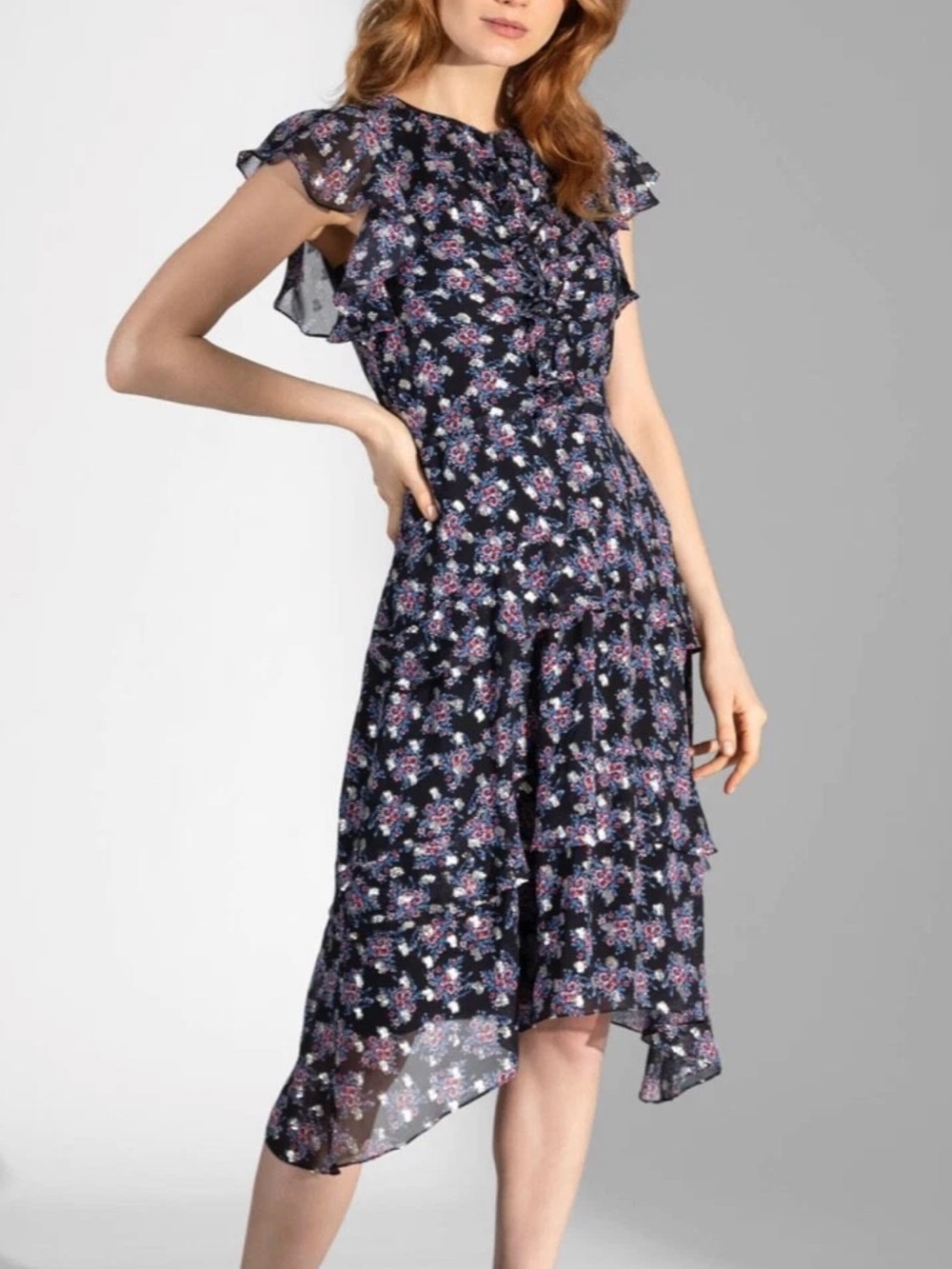 Shoshanna Black Floral Midi Dress with Pink & Blue Blooms